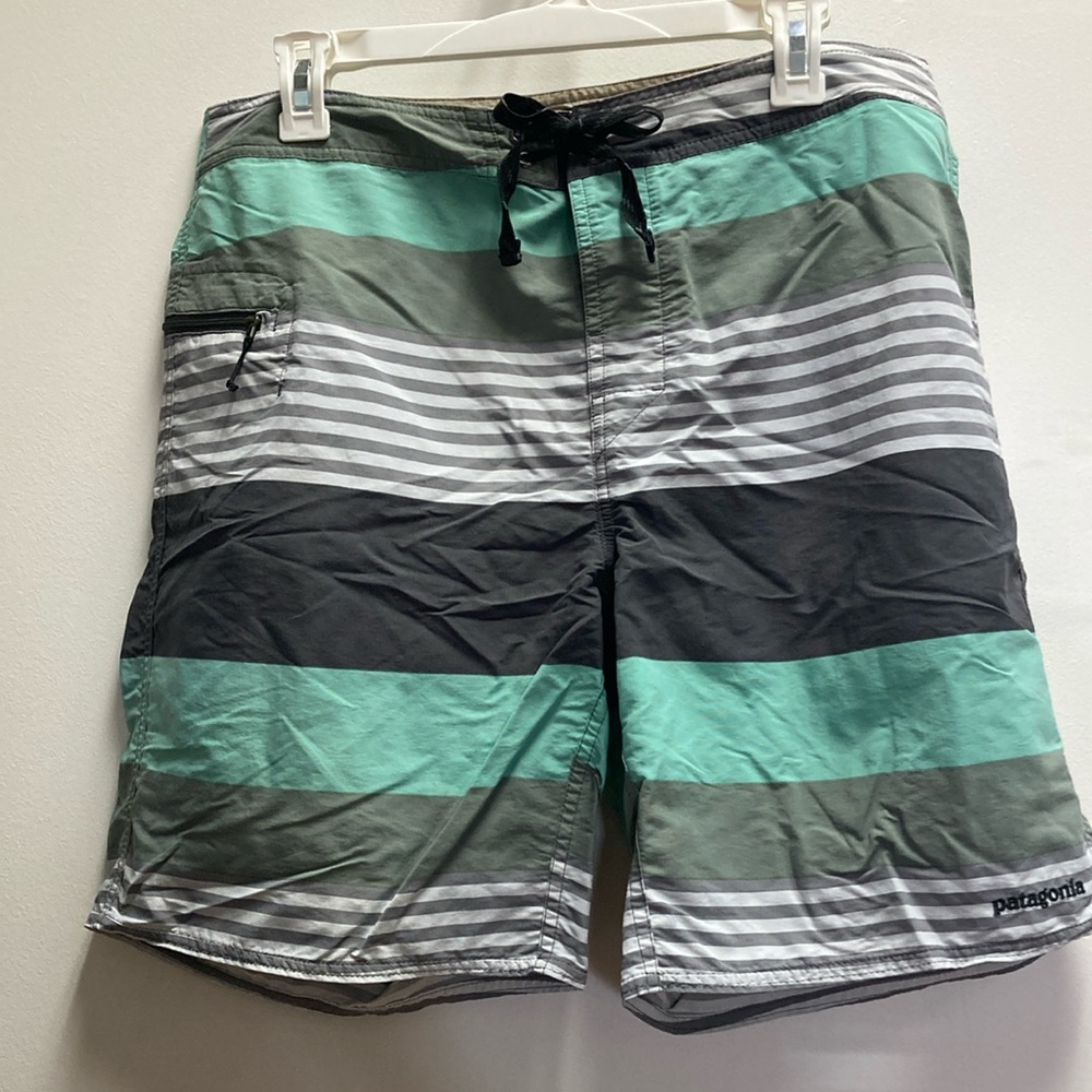 Patagonia Men's Striped Swim Shorts - Green and Gray